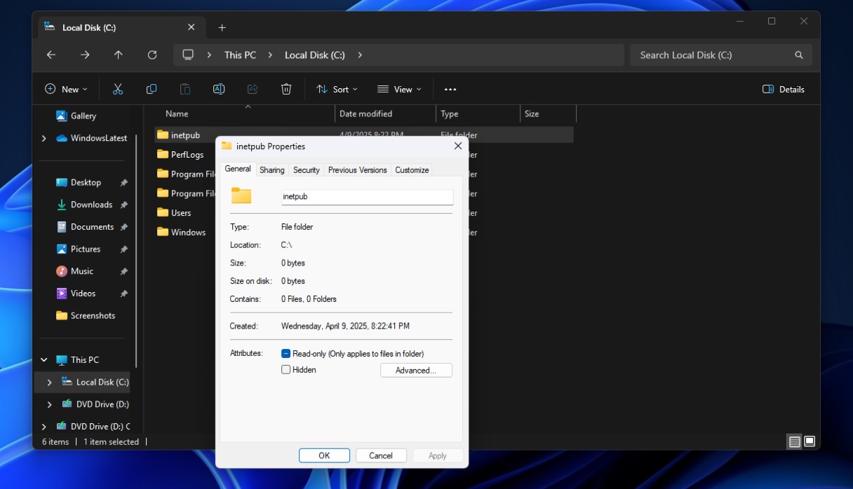 Inetpub empty folder in Windows 11 KB5055523